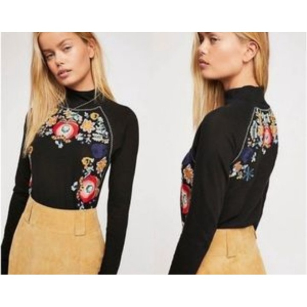 free people disco rose embroidered long sleeve size xs top mock neck